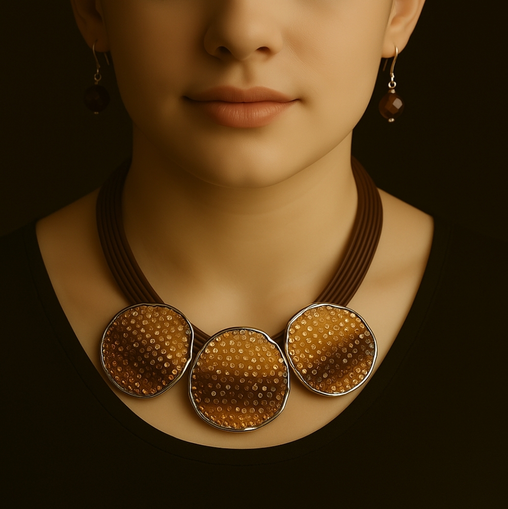 Signature NYC Multi-Strand Brown Cord Necklace Set – Earth-Tone Discs & Earrings